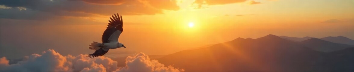 Obraz premium A majestic bird soaring high above a vast, sun-drenched landscape, symbolizing liberation and triumph over adversity Perfect for concepts of freedom and achieving victory , natural, nature, horizon