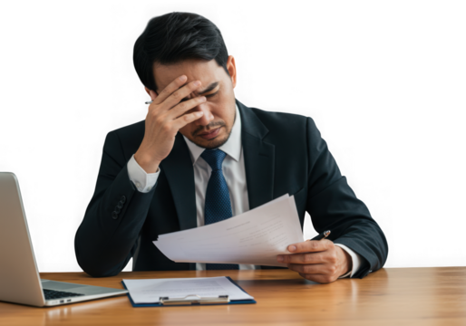 Stressed asian businessman holding his head isolated on transparent background