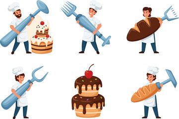 Fun chef characters vector illustration holding large utensils and desserts, including cakes and breads, perfect for bakery, cooking, and food-related designs