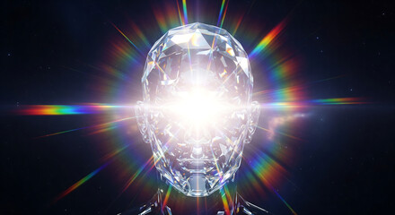 Obraz premium Crystal head with rainbow light refraction, symbolizing clarity and enlightenment in a cosmic setting
