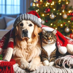 Fototapeta na wymiar Festive pets under a blanket by a Christmas tree