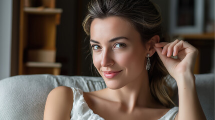 Naklejka premium Elegant woman portrait showcasing confident smile stylish earrings natural beauty professional hairstyle fashionable casual attire indoor setting lifestyle photography