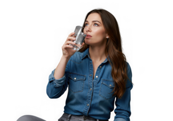 Beautiful woman drinking water from a glass isolated on transparent background