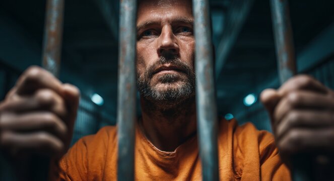 a man in a prison uniform standing behind cell bars