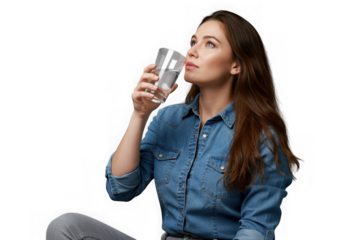 Young woman is drinking a glass of water isolated on transparent background
