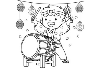 Japanese Boy Playing Taiko Drum