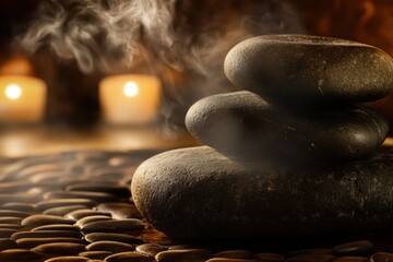 Tranquil stones stacked on a pebble surface with candles and soft smoke
