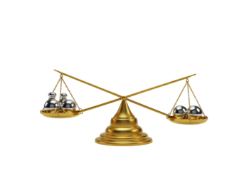 Isolated balance scale, financial justice, weights and spheres on weighing pans, symbol