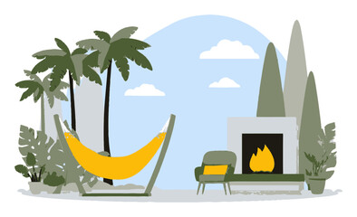 Obraz premium Cozy Tropical Living Space with Hammock and Modern Fireplace Design