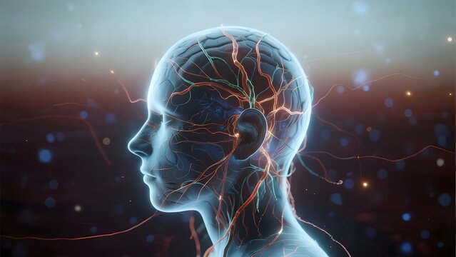 Illustration of a human head with highlighted neural pathways and brain activity