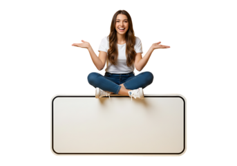 Happy woman sitting on blank sign isolated on transparent background
