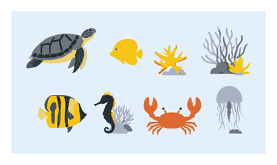 Fototapeta premium Colorful Flat Cartoon Sea Life Collection Featuring Diverse Marine Creatures