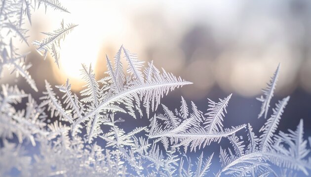 “Macro photograph of delicate frost crystals forming intricate ice patterns on a window. Soft winter sunlight creates a gentle glow and blurred background, highlighting the natural symmetry and beauty - Powered by Adobe