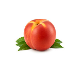 Fresh organic peach with leaves isolated on white background.