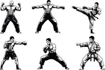 Silhouettes of male martial artists in various combat stances, boxing and kicking poses, showcasing strength, discipline, fighting techniques, vector illustration
