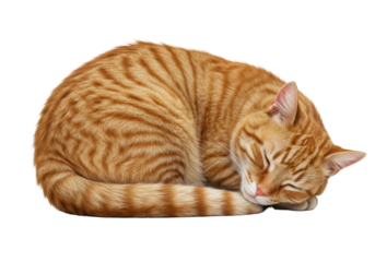 Isolated ginger tabby cat curled up sleeping or resting relaxed on a bright studio shot