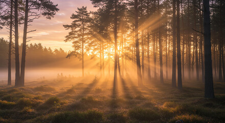 Forest with sun rays through misty trees