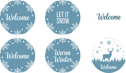 Winter Welcome Vector Design Set – Snowflake Circles, Seasonal Typography, Deer Silhouette, Holiday Elements for Greeting Cards and Decoration