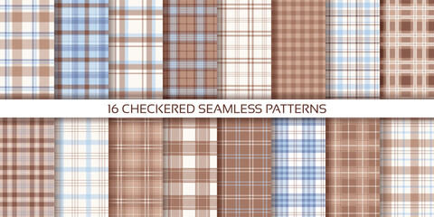 Check background. Tartan seamless pattern. Brown blue texture. Plaid shirt textile. Flannel Vichy print. Lumberjack tablecloth. Set of gingham fabrics. Buffalo checkered backdrop. Vector illustration