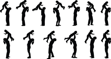Silhouette of Parents Joyfully Lifting Children in Air, Family Bonding, Playful Moments, Happy Childhood, Parental Love, Togetherness, Black Vector Art