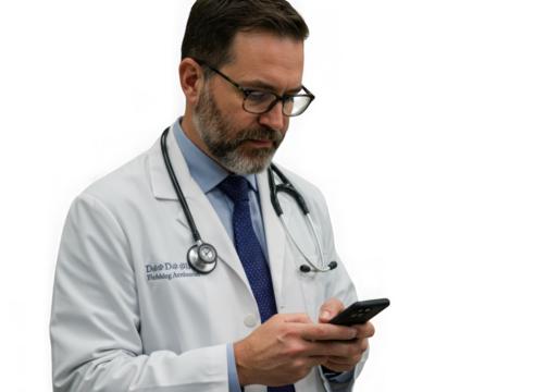 Doctor using smartphone for communication isolated on transparent background