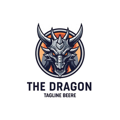 Fierce dragon head logo design, circular frame, metallic grey, orange background, 