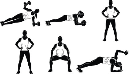 Silhouette fitness workout poses with dumbbells, plank, squat, and side plank exercises for strength training and core body conditioning