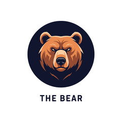 Close-up graphic design of a brown bear's head, set in a dark circle, against a white background.