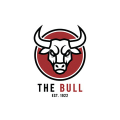 Stylized bull head logo with prominent horns, set against a circular red background, featuring the text 