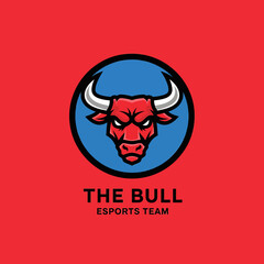 A fierce red bull head logo with white horns inside a blue circle, representing an esports team.