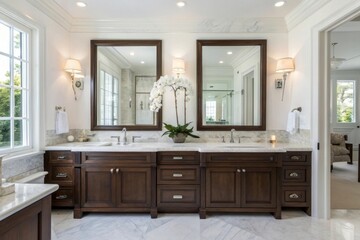 Elegant master bathroom with a double vanity marble countertops and ornate mirrors illuminated by wall sconces