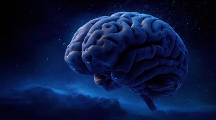 Glowing blue brain floats in a cosmic night sky with swirling clouds