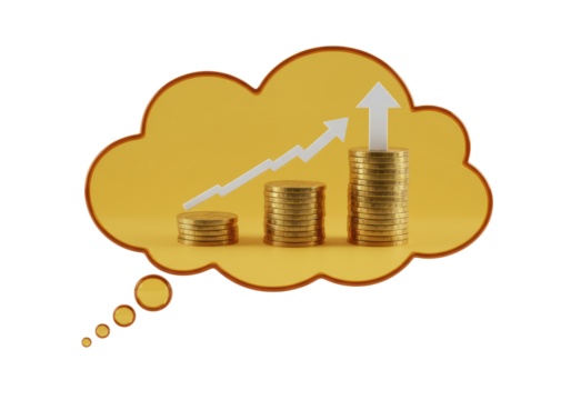 Isolated golden coins stacks with arrow in thought bubble showing rising financial chart