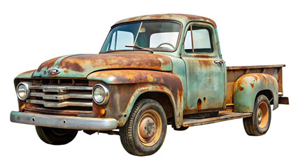 Fototapeta premium Vintage Green and Rusty Pickup Truck with Chrome Grille and Headlights Isolated on Black vintage truck