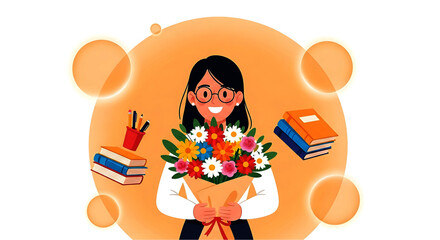Smiling Woman Holding Colorful Bouquet of Flowers and Books