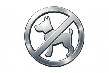 Metal no-pets sign displaying prohibited canine access, white transparent backdrop ensuring clear visual communication of restricted zone