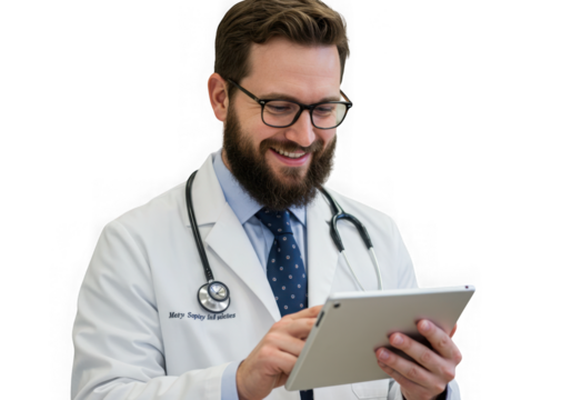 Bearded doctor using tablet isolated on transparent background in the clinic