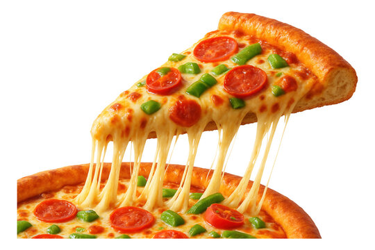 Thick crust pizza portion with gooey cheese pull effect