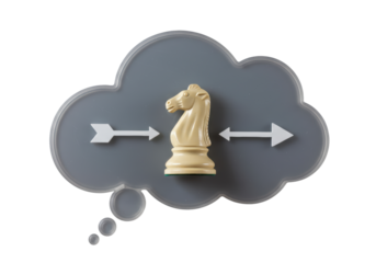 Isolated chess knight piece inside thought bubble between arrows suggesting a difficult move