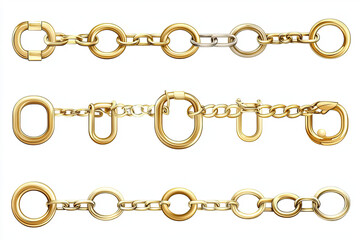Obraz premium A collection of golden chains displayed in three different styles, showcasing various shapes and links used in jewelry design.