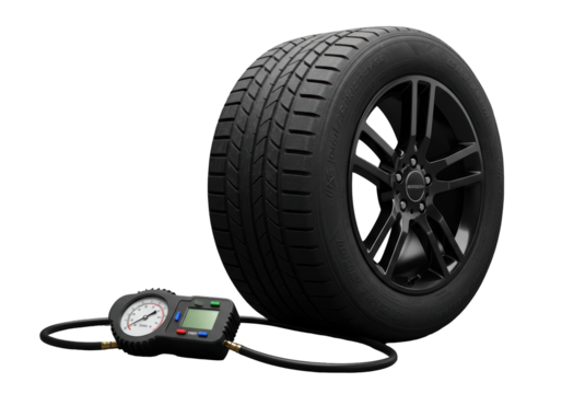 Isolated tire with rim next to a pressure gauge, black glossy wheel rim, sporty, powerful car