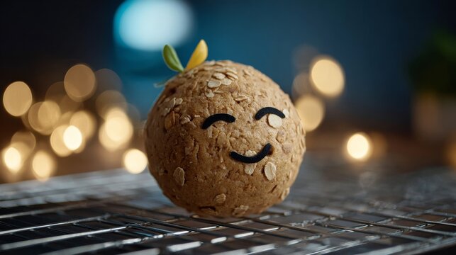 Playful oatmeal ball character cozy indoor setting food content warm lighting whimsical concept