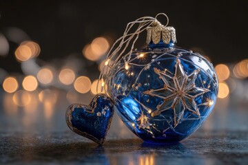 Blue christmas ornament with heart and string lights on dark background