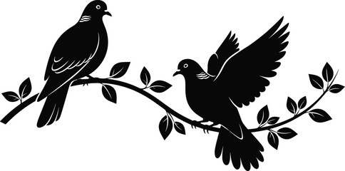 Black silhouette vector of two birds on leafy branch, nature and wildlife concept with perched and flying pose for decorative design