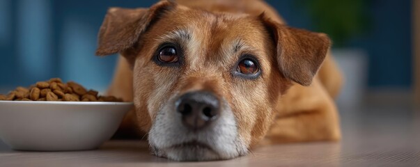 Sick dog lying near uneaten dry food bowl concept. A close-up of a dog resting beside its food bowl at home.