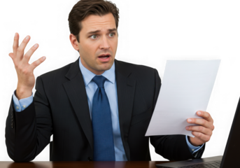 Shocked businessman holding paper isolated on transparent background, looking worried