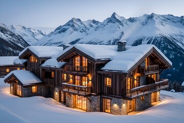Luxury wooden chalet in snowy mountains at twilight with warm lights