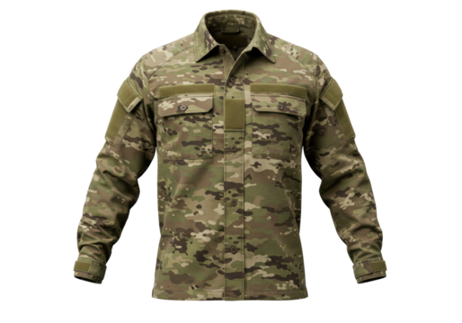 Isolated camouflage military shirt, buttoned utility outerwear for camping or tactical wear
