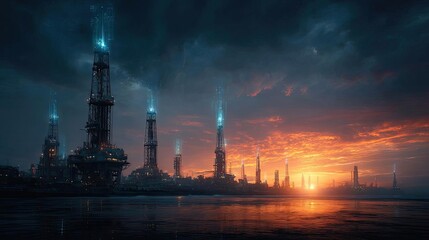 Fototapeta premium Sunset scene highlighting oil pump silhouettes in field concept. Futuristic industrial landscape with colorful sunset and towers.