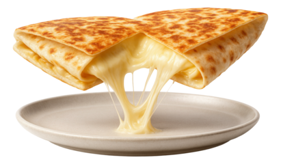 Two overlapping quesadilla halves with cheese strands connecting them, served on a ceramic platter.